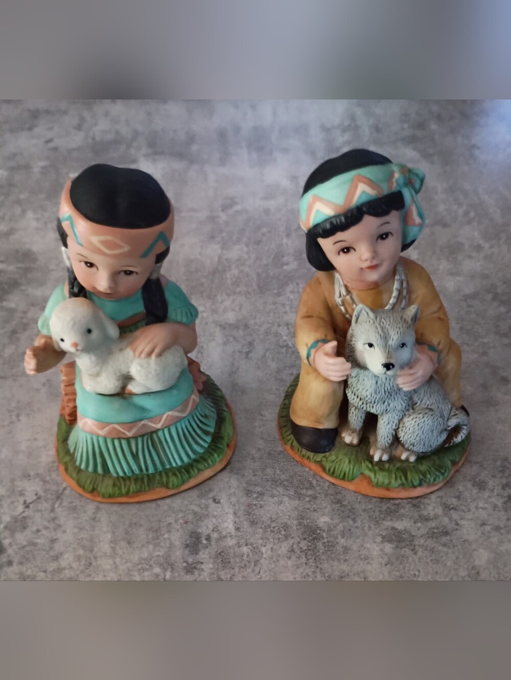 Hand-Painted Native Child Figurines Set in Teal and Tan